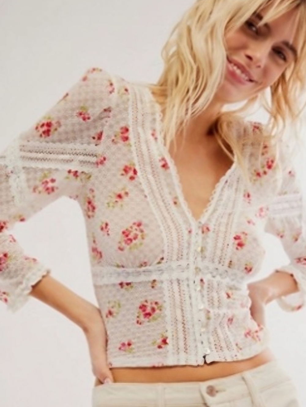 NWOT Free People White/Pink Floral LaceCrop Top - Picture 14 of 17
